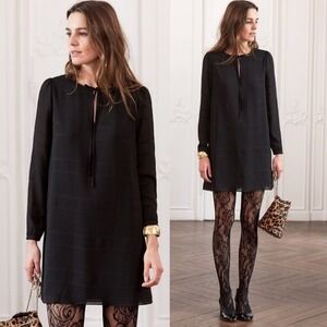 Sezane Black Tie Neck Long Sleeve Shift Dress Womens Size 34 French US 2 Minimal